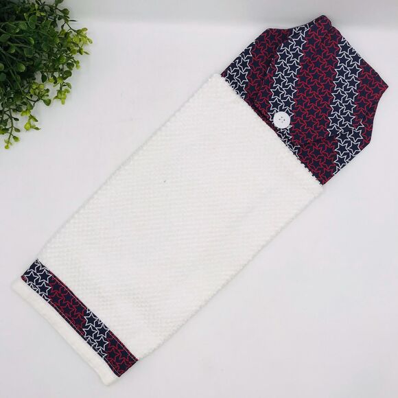 Hanging Kitchen Towel: Patriotic Stars Red White Blue Topper, Button Closure - Picture 2 of 6